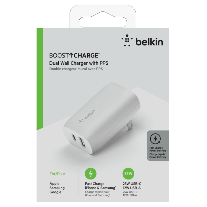 Cargador Belkin 37w - USB-C PD 25w / USB-A 12w - Blanco
