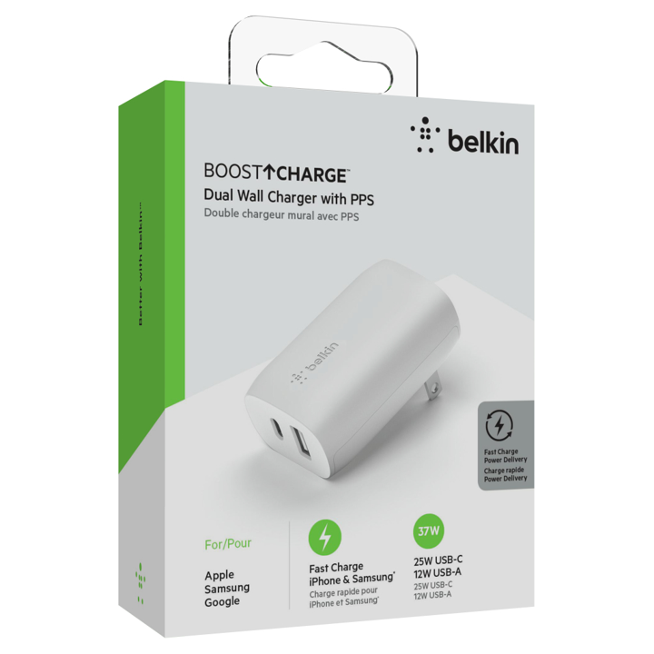 Cargador Belkin 37w - USB-C PD 25w / USB-A 12w - Blanco