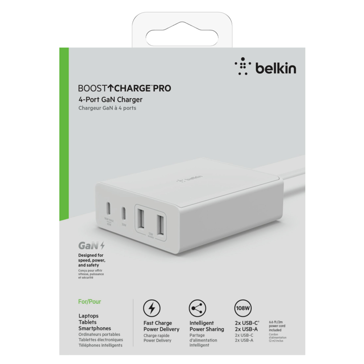 Cargador Belkin 108w - USB-C GAN PD 96w Max / USB-C GAN PD 30w GAN / USB-A 12w x 2 - Blanco