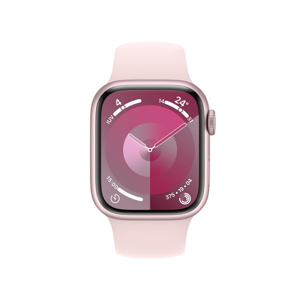 Apple Watch Series 9 GPS + Cellular • Caja de aluminio rosada de 41 mm • Correa deportiva rosado claro - S/M