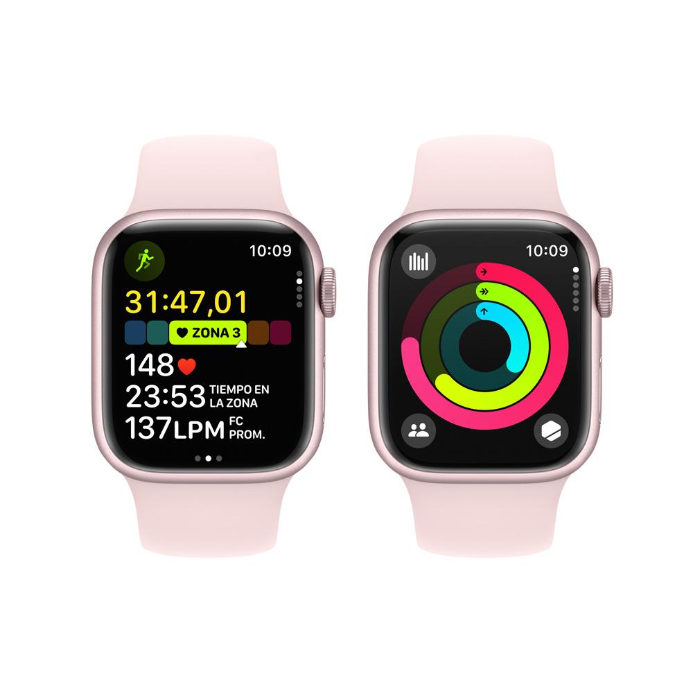 Apple Watch Series 9 GPS + Cellular • Caja de aluminio rosada de 41 mm • Correa deportiva rosado claro - S/M