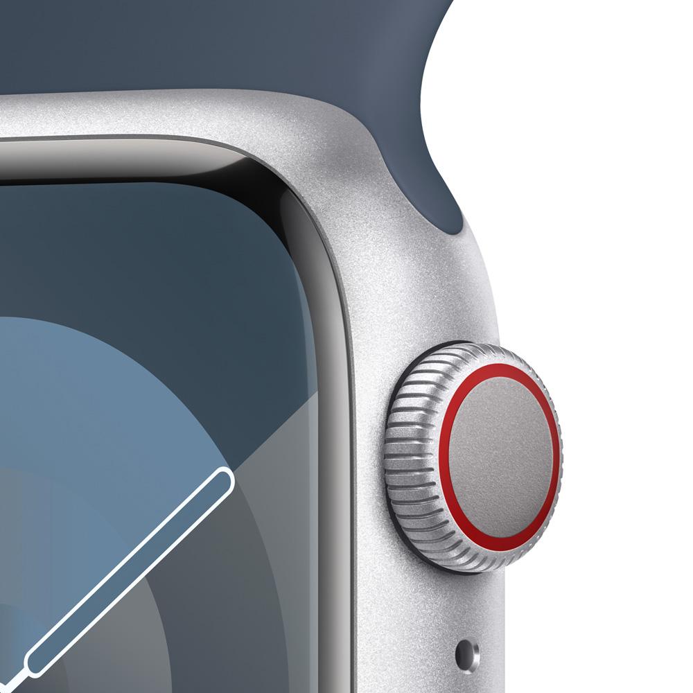 Apple Watch Series 9 GPS + Cellular • Caja de aluminio color plata de 41 mm • Correa deportiva azul tormenta - S/M