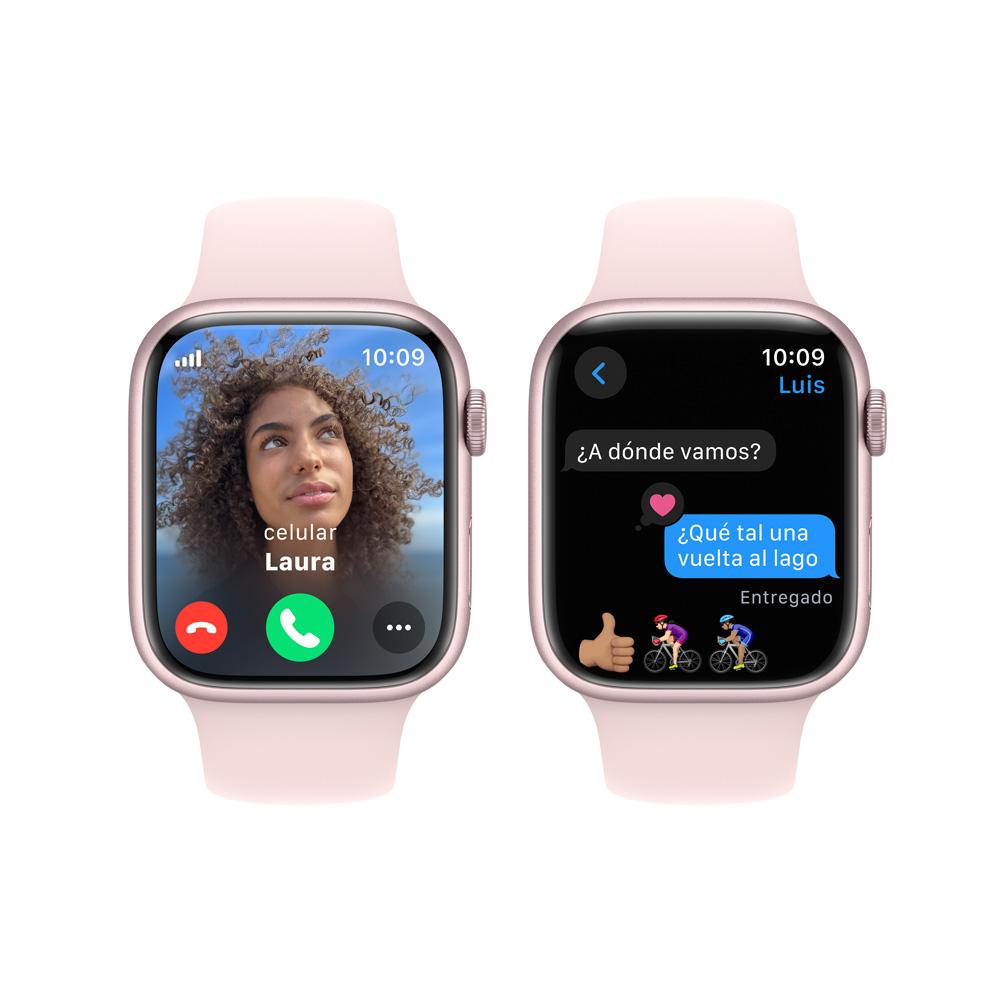 Apple Watch Series 9 GPS + Cellular • Caja de aluminio rosada de 45 mm • Correa deportiva rosado claro - M/L