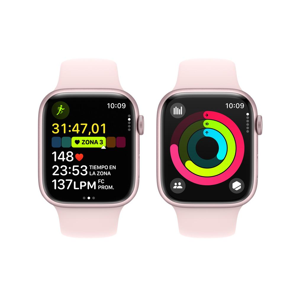 Apple Watch Series 9 GPS + Cellular • Caja de aluminio rosada de 45 mm • Correa deportiva rosado claro - M/L