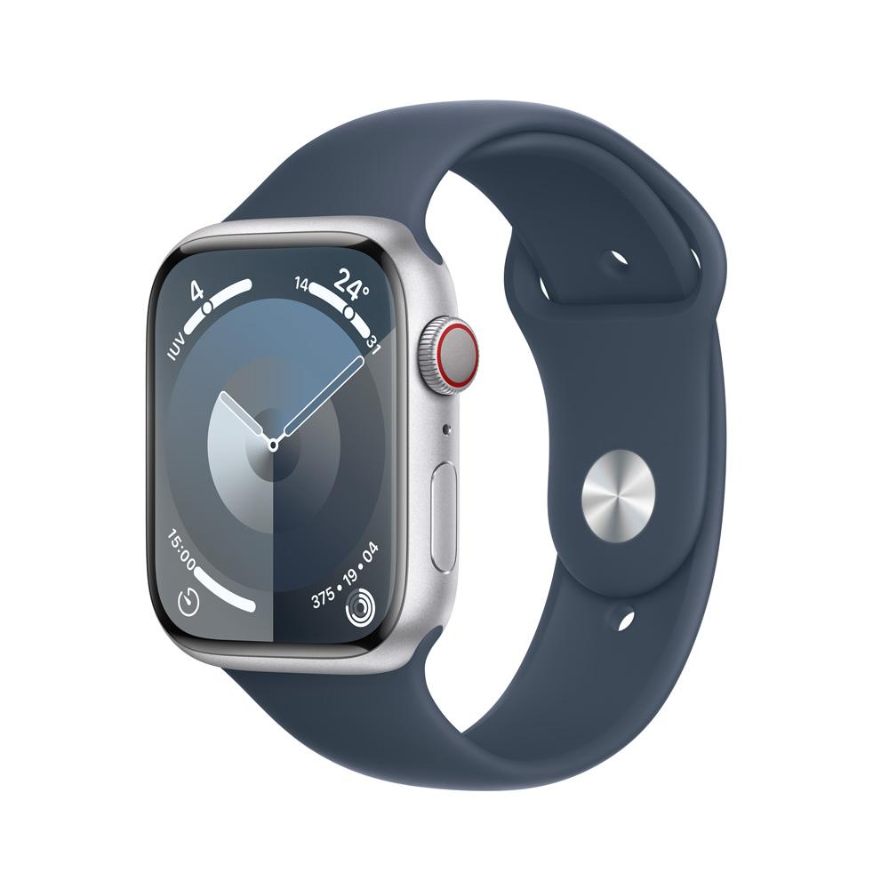 Apple Watch Series 9 GPS + Cellular • Caja de aluminio color plata de 45 mm • Correa deportiva azul tormenta - M/L