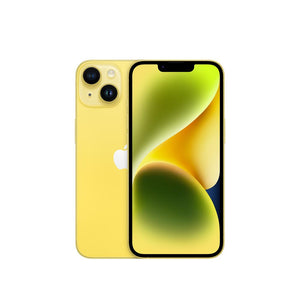 iPhone 14 amarillo con diseño vibrante y tecnología de fotografía avanzada.