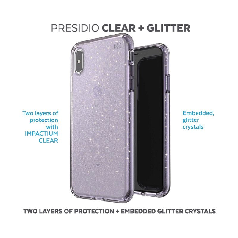 Case Speck Presidio Clear+ Glitter Para iPhone XS Max -  Brillo de oro/Geoda morada