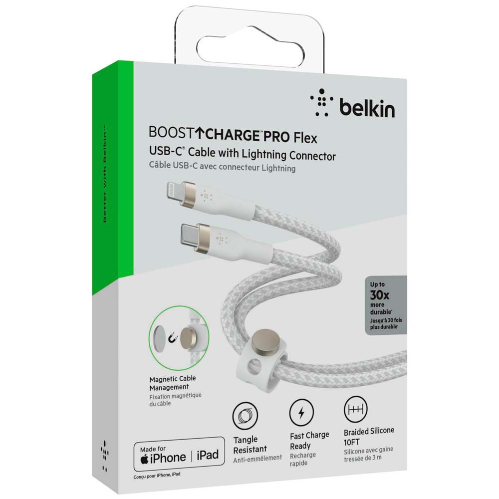 Cable Belkin USB-C a Lightning - 3M - Pro Flex - Blanco