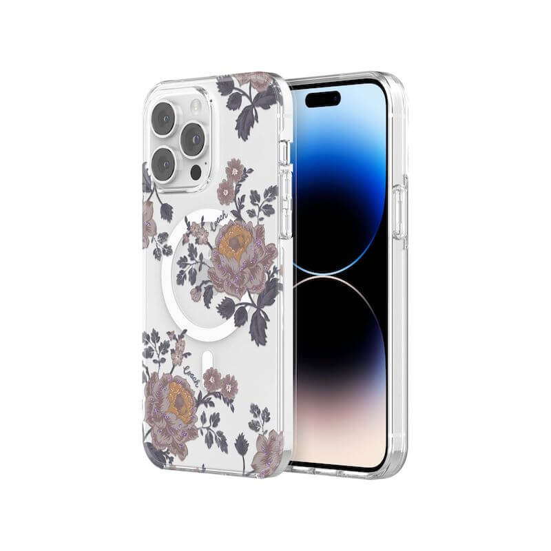 Case protectora Coach con MagSafe Para iPhone 14 Pro Max- Moody Floral/Púrpura