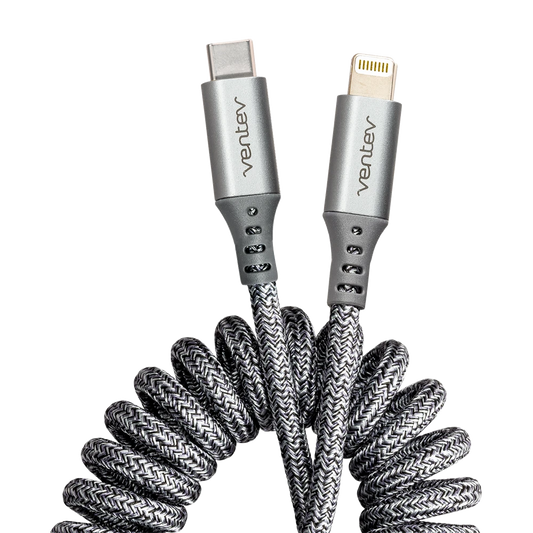 El cable de sincronización de carga USB-C a Lightning en espiral premium de Ventev cuenta con un diseño resistente a enredos y admite una carga rápida de hasta 3A. El diseño trenzado en espiral presenta una estética jaspeada para complementar su automóvil