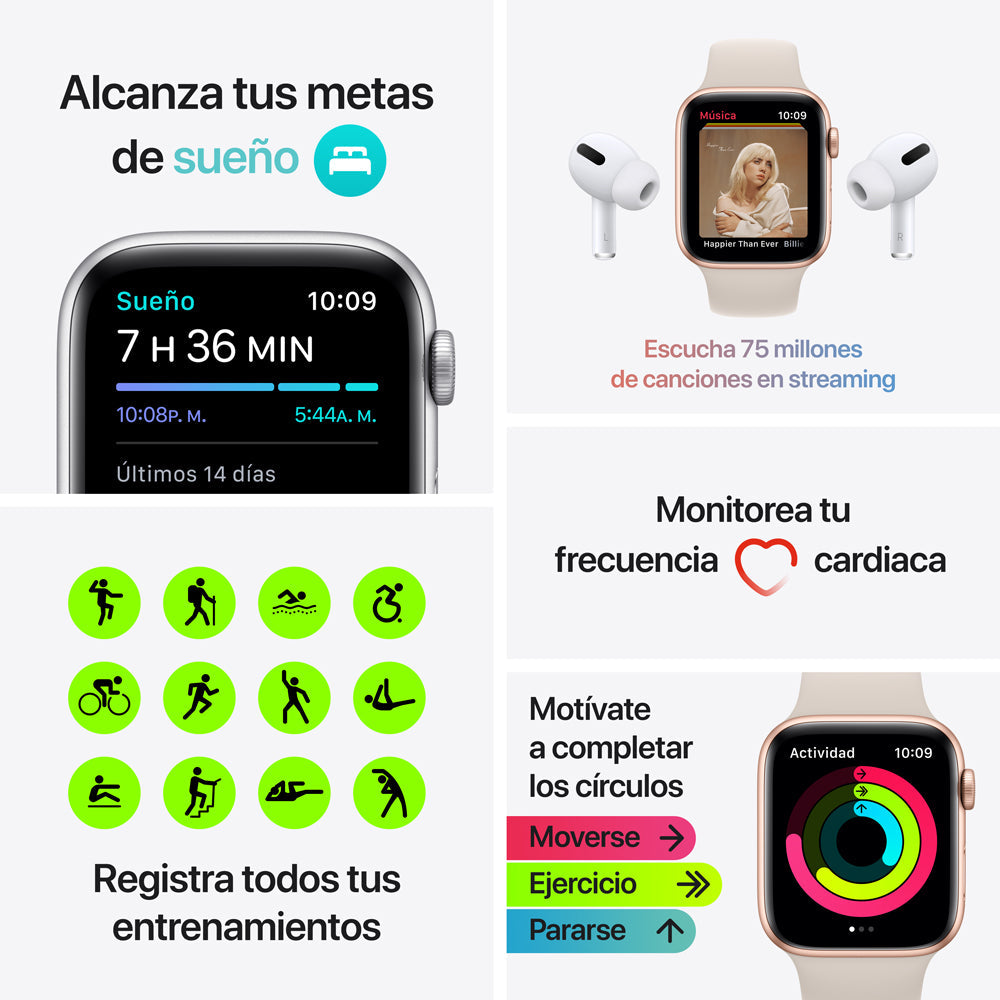 Apple Watch SE (GPS + Cellular) de 44 mm - Caja de aluminio en plata - Correa deportiva en color abismo