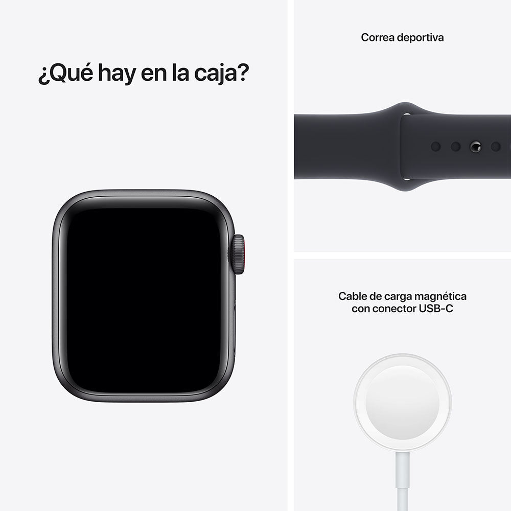 Apple Watch SE (GPS + Cellular) - Caja de aluminio en gris espacial de 44 mm - Correa deportiva en color medianoche - Talla única