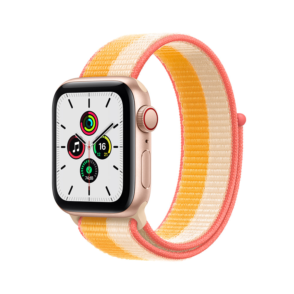 Apple Watch SE (GPS + Cellular) - Caja de aluminio en oro de 40 mm - Correa Loop deportiva en color maíz/blanco