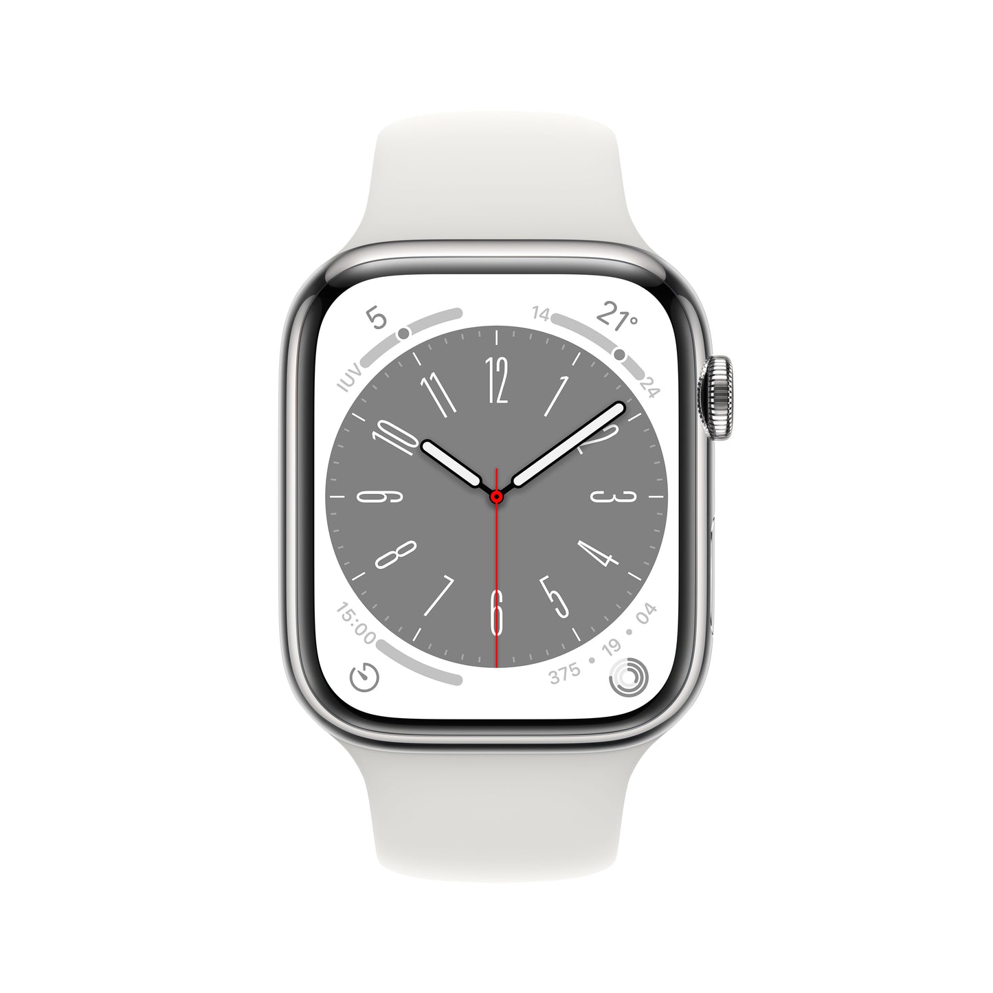 Apple Watch Series 8 (GPS + Cellular) de 45 mm - Caja de acero inoxidable en plata - Correa deportiva blanca - Talla única
