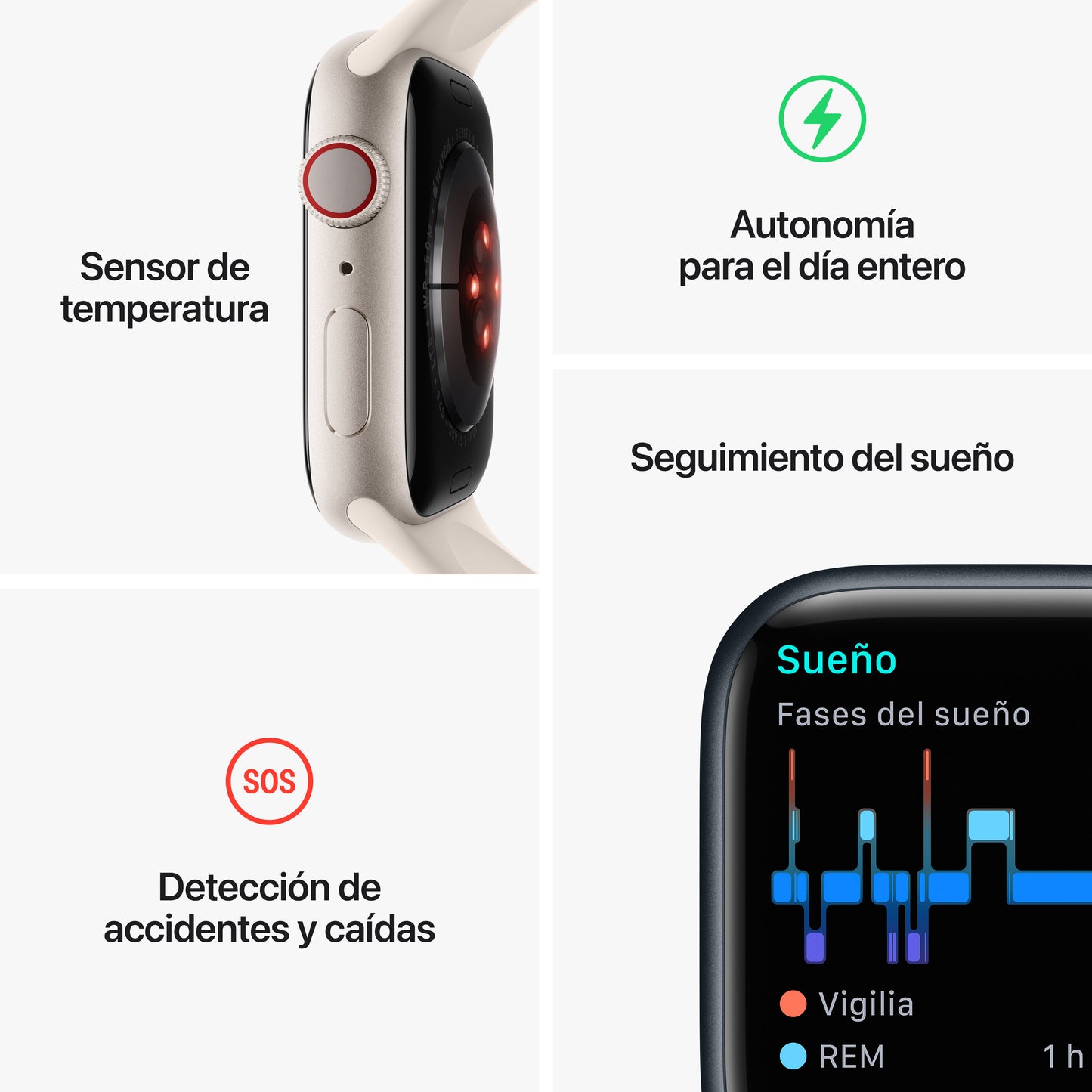 Apple Watch Series 8 (GPS + Cellular) de 41 mm - Talla única - Caja de aluminio en plata - Correa deportiva blanca