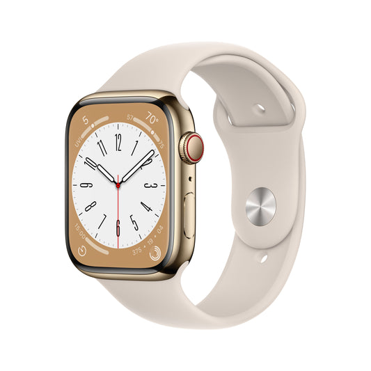 Apple Watch Series 8 (GPS + Cellular) de 45 mm - Talla única - Caja de acero inoxidable en oro - Correa deportiva blanco estrella