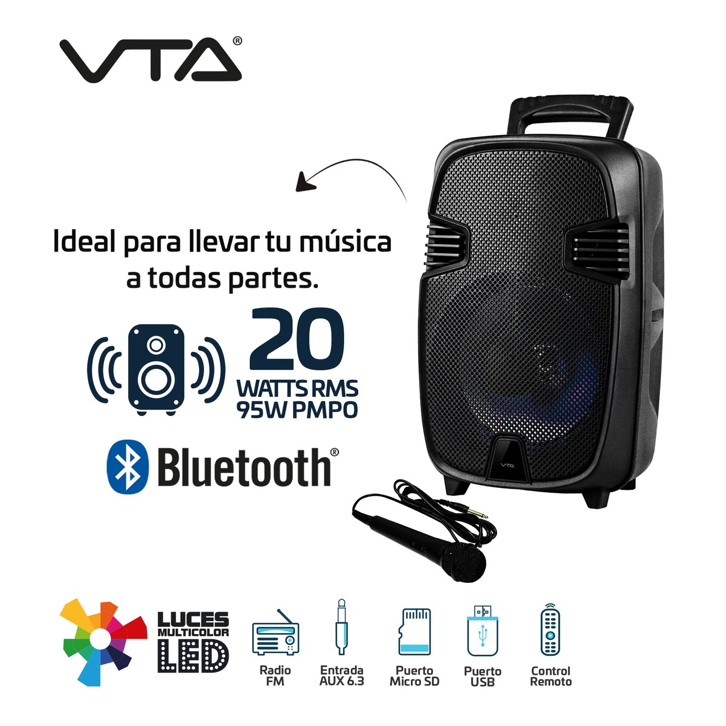 Parlante De 20w, Bluetooth, Radio, Puerto Usb, Funcion Karaoke Y